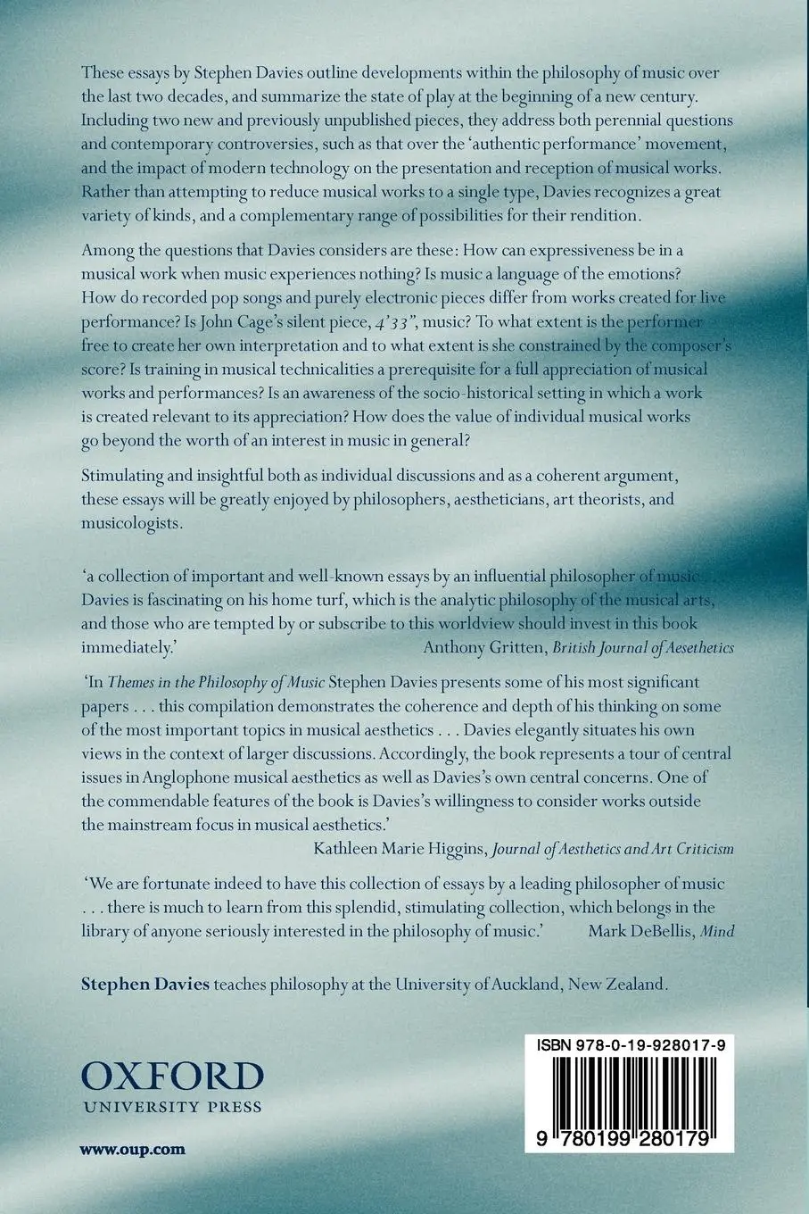 Rückseite: 9780199280179 | Themes in the Philosophy of Music | Stephen Davies | Taschenbuch
