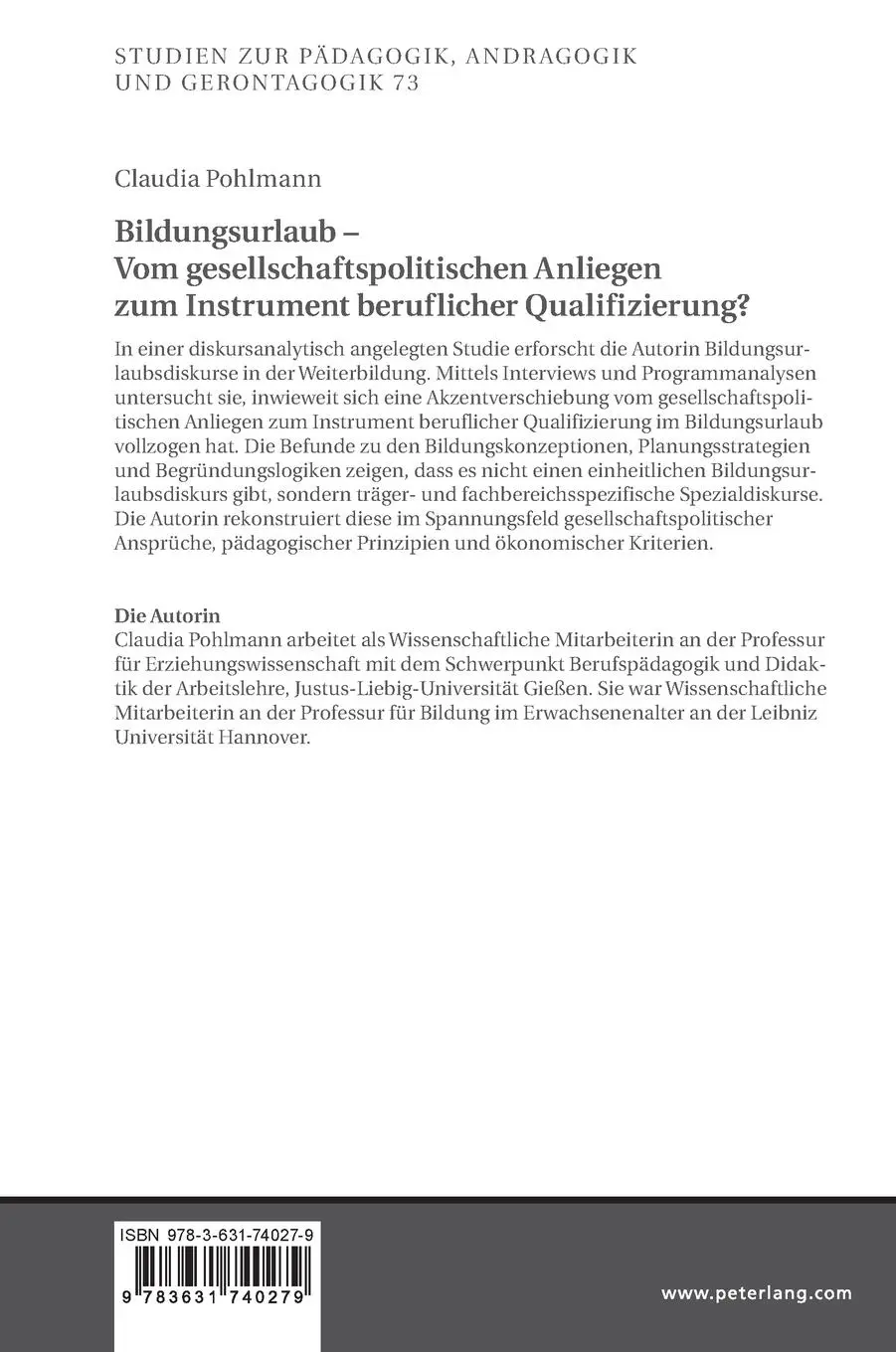 Rückseite: 9783631740279 | Bildungsurlaub - Vom gesellschaftspolitischen Anliegen zum...