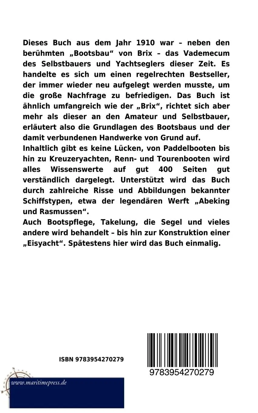 Rückseite: 9783954270279 | Yachtbau und Yachtsegeln (1910) | mit einem Beitrag über Kleinsegelei