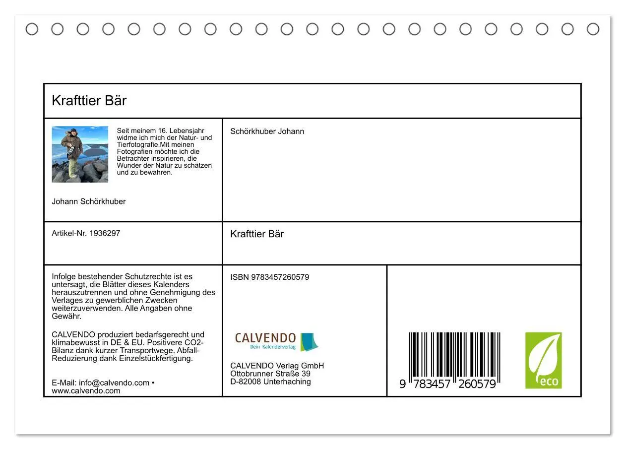 Bild: 9783457260579 | Krafttier Bär (Tischkalender 2026 DIN A5 quer), CALVENDO...