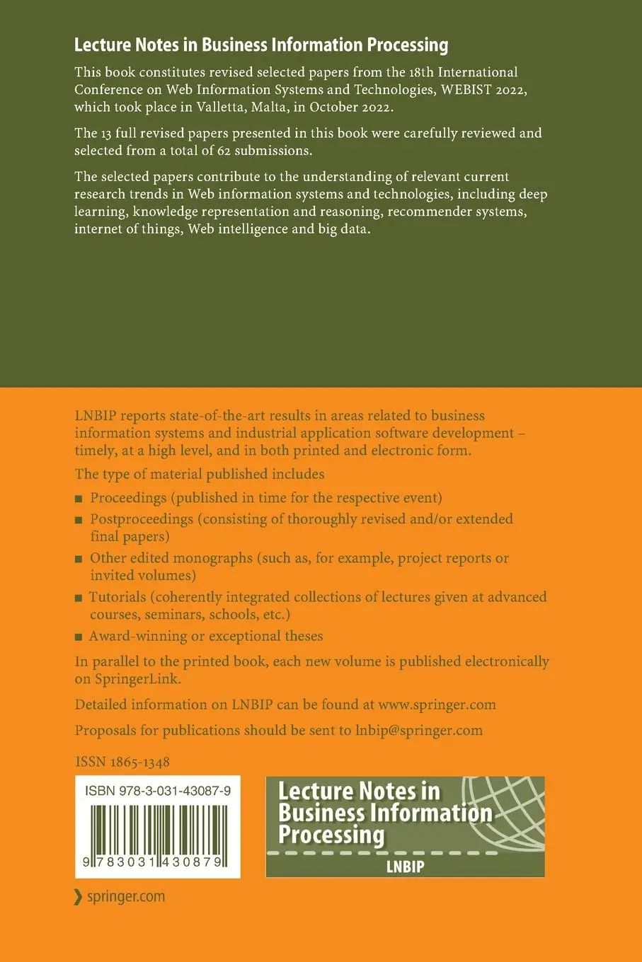 Rückseite: 9783031430879 | Web Information Systems and Technologies | Massimo Marchiori (u. a.)
