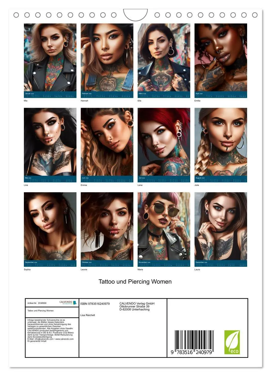 Bild: 9783516240979 | Tattoo und Piercing Women (Wandkalender 2026 DIN A4 hoch), CALVENDO...