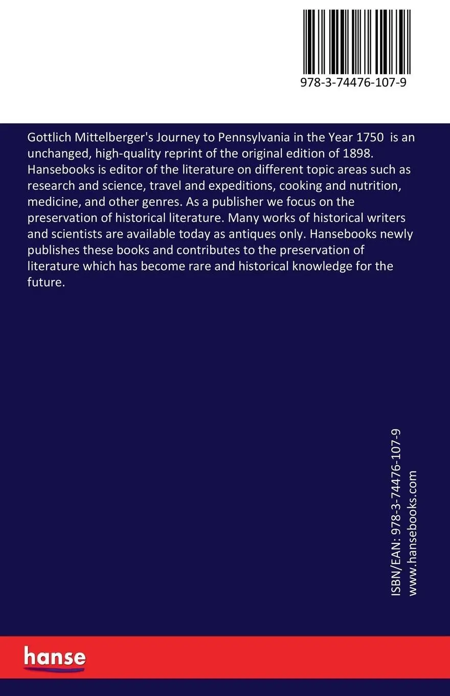Rückseite: 9783744761079 | Gottlich Mittelberger's Journey to Pennsylvania in the Year 1750