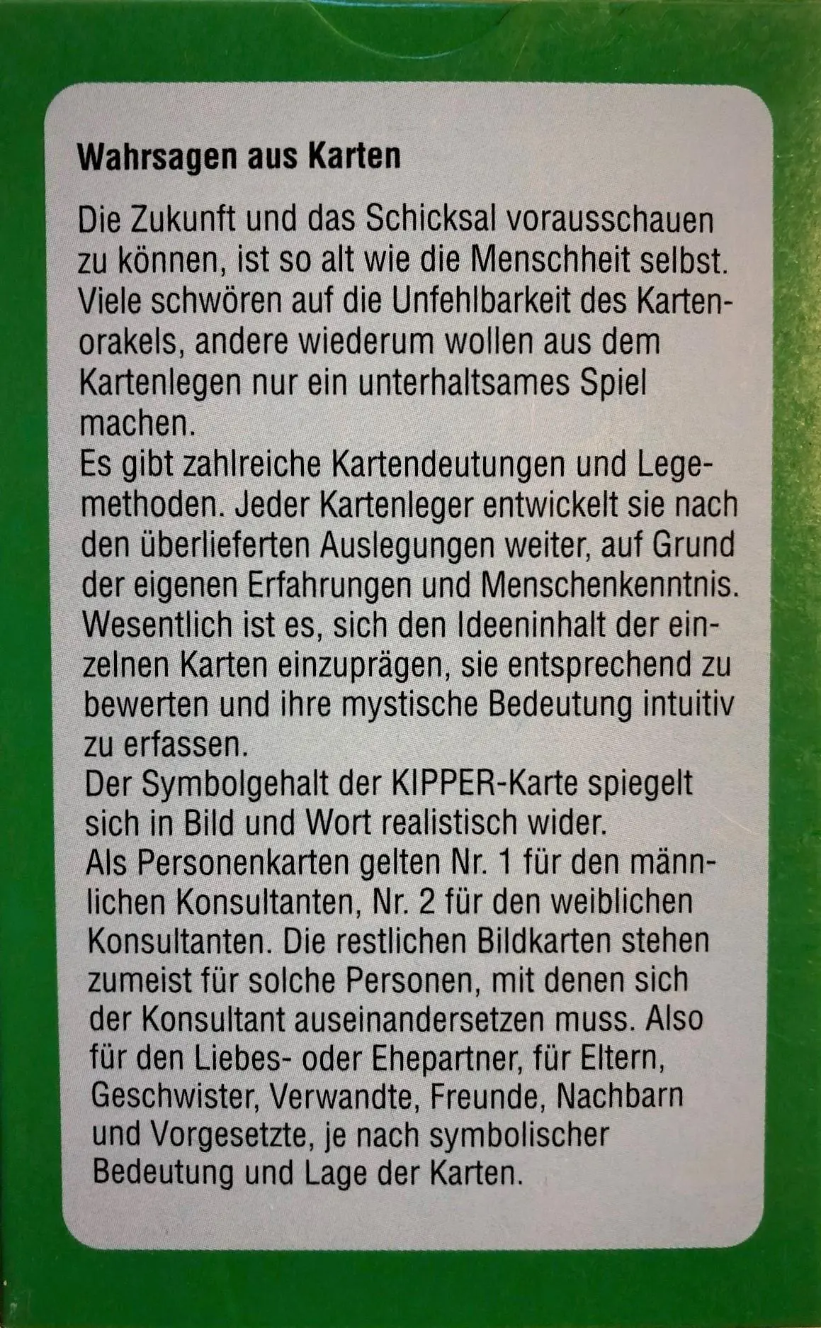 Rückseite: 9783038191179 | Kipper Wahrsagekarten | 36 Orakelkarten | Spielkartenfabrik | Box