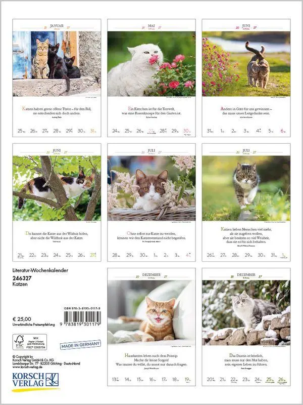 Bild: 9783819301179 | Literaturkalender Katzen 2027 | Korsch Verlag | Kalender | 54 S.