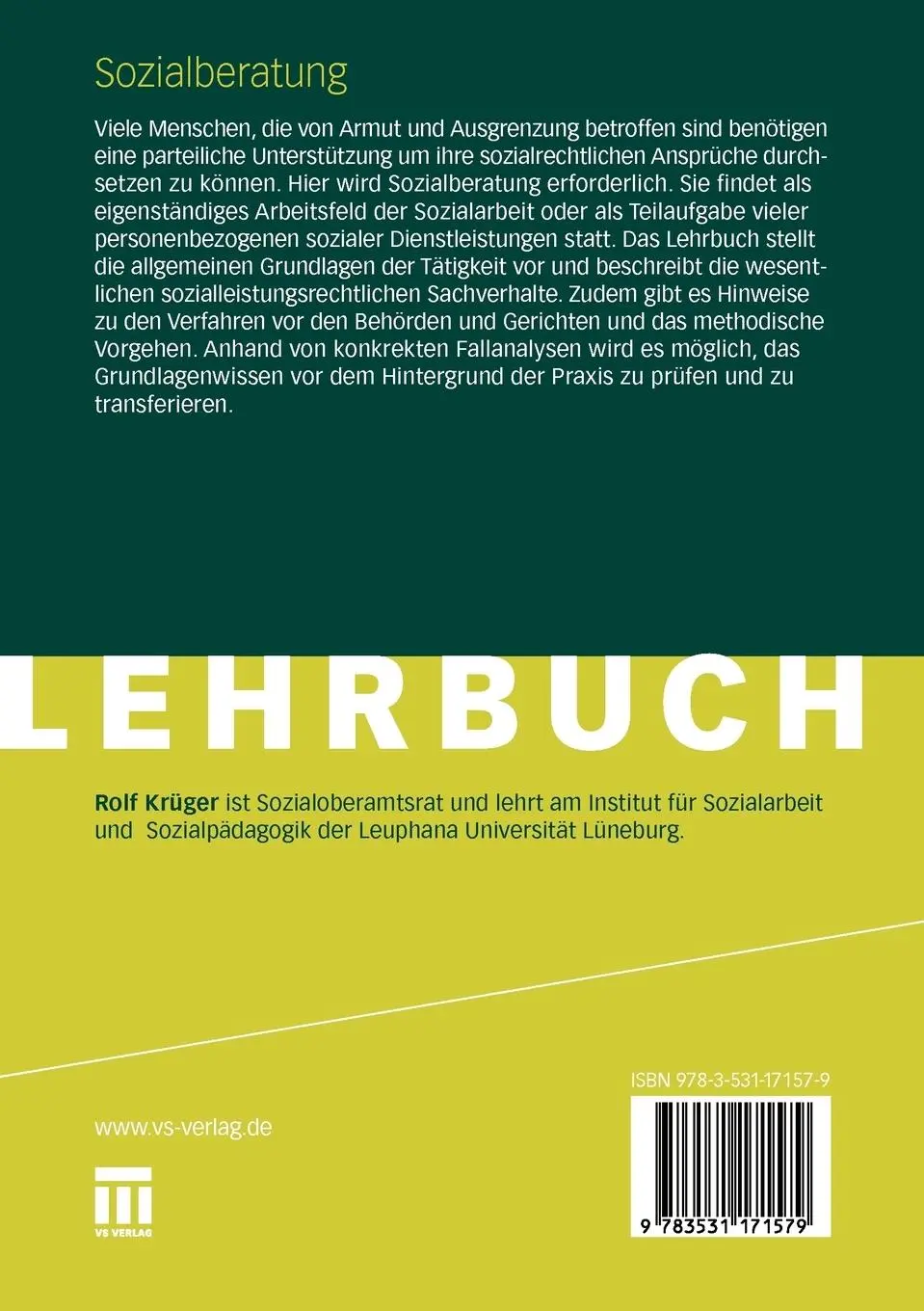 Rückseite: 9783531171579 | Sozialberatung | Werkbuch für Studium und Berufspraxis | Rolf Krüger