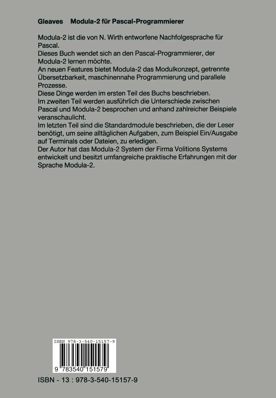 Rückseite: 9783540151579 | Modula-2 | für Pascal-Programmierer | R. Gleaves | Taschenbuch | x