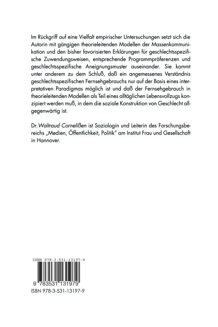 Rückseite: 9783531131979 | Fernsehgebrauch und Geschlecht | Waltraud Cornelißen | Taschenbuch