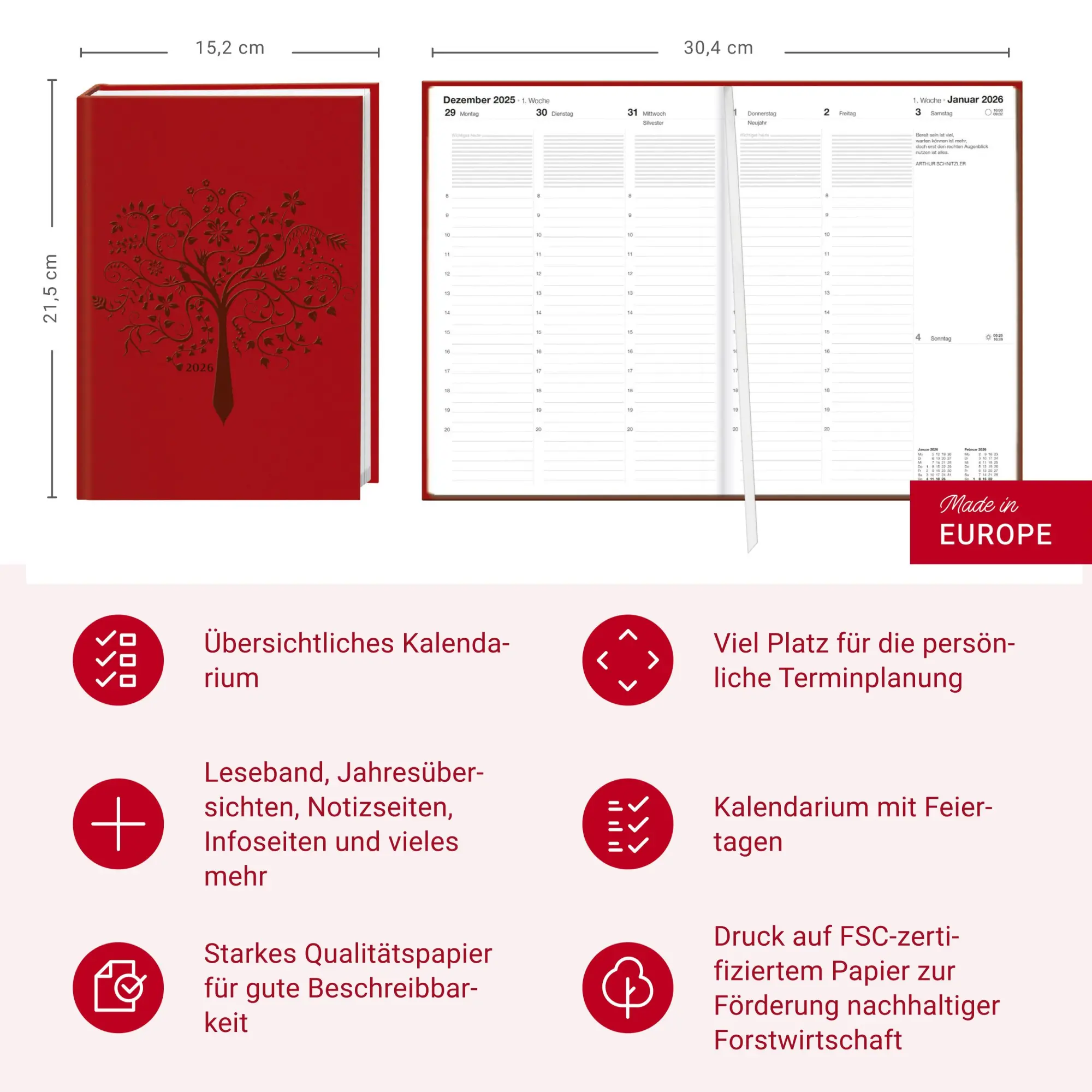 Bild: 9783756411979 | Terminer A5, geprägt rot 2026 | Buch | Bürokalender Heye | 152 S.