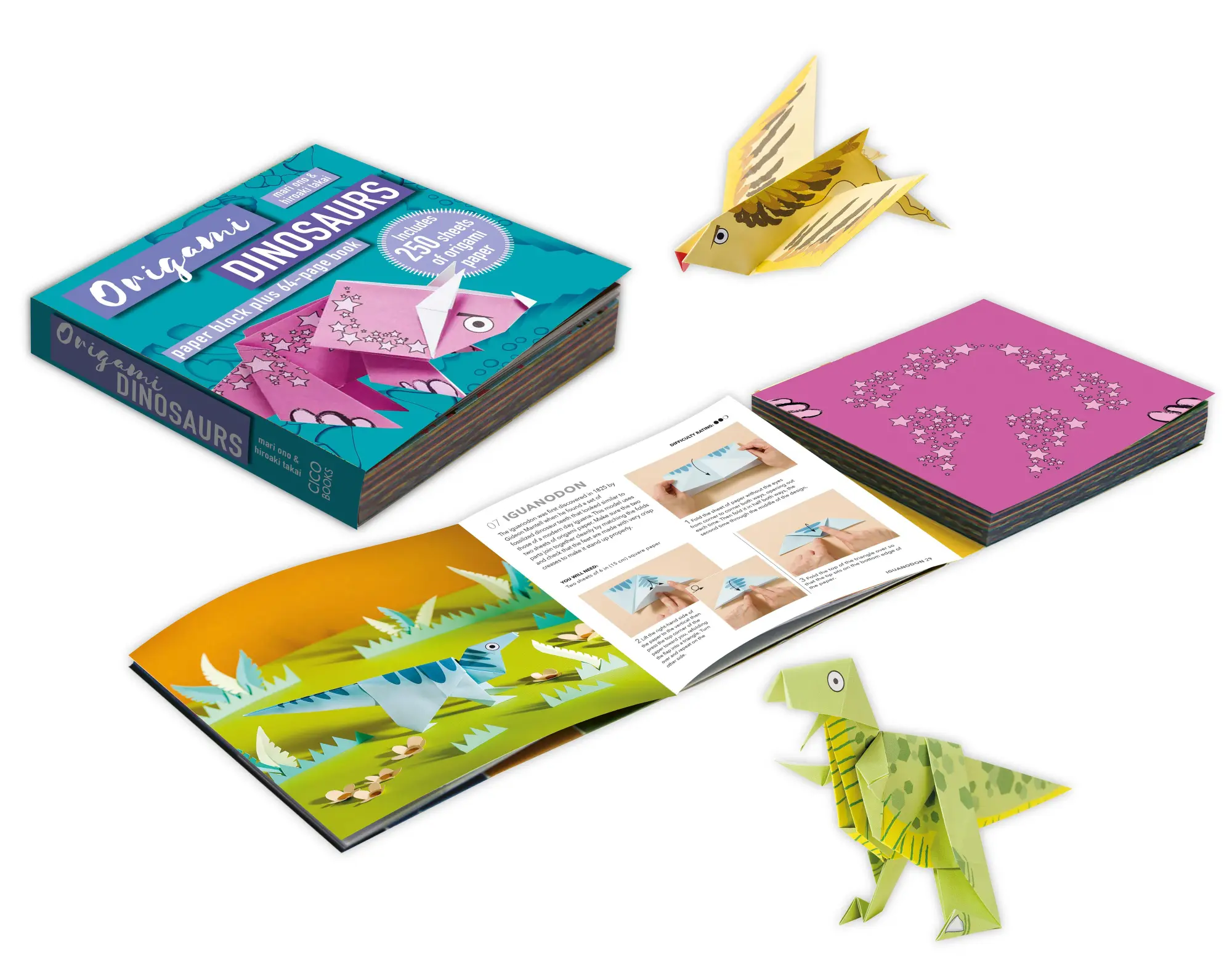 Bild: 9781800652279 | Origami Dinosaurs | Paper Block Plus 64-Page Book | Takai (u. a.)