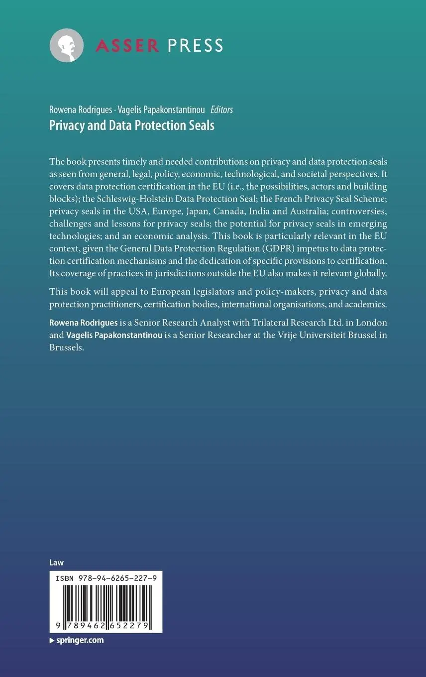 Rückseite: 9789462652279 | Privacy and Data Protection Seals | Vagelis Papakonstantinou (u. a.)
