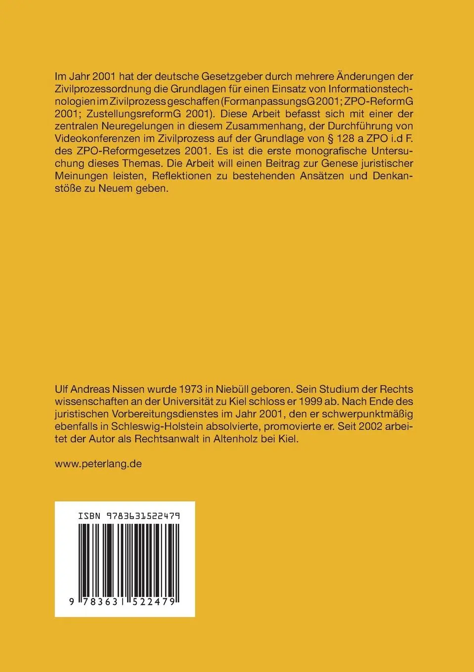 Rückseite: 9783631522479 | Die Online-Videokonferenz im Zivilprozess | Ulf Andreas Nissen | Buch