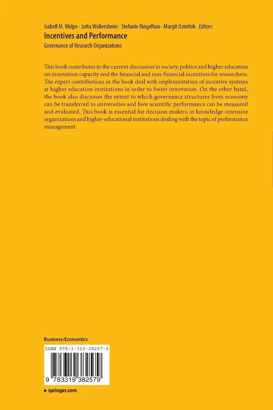Rückseite: 9783319382579 | Incentives and Performance | Governance of Research Organizations