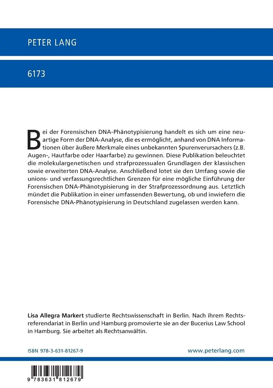 Rückseite: 9783631812679 | Die Forensische DNA-Phänotypisierung - die erweiterte DNA-Analyse