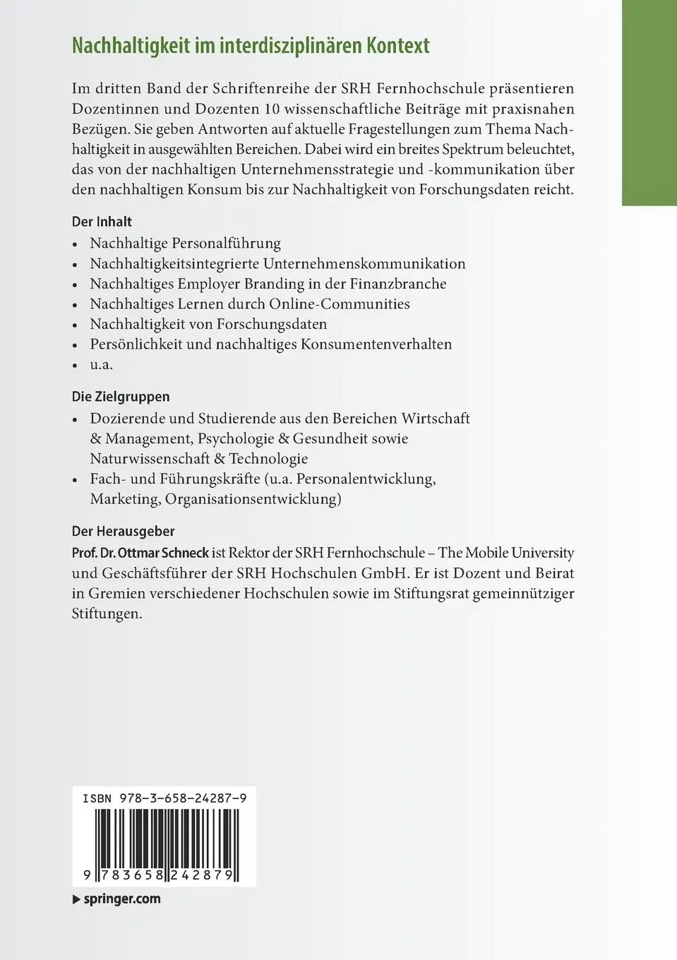 Rückseite: 9783658242879 | Nachhaltigkeit im interdisziplinären Kontext | Srh Fernhochschule | vi