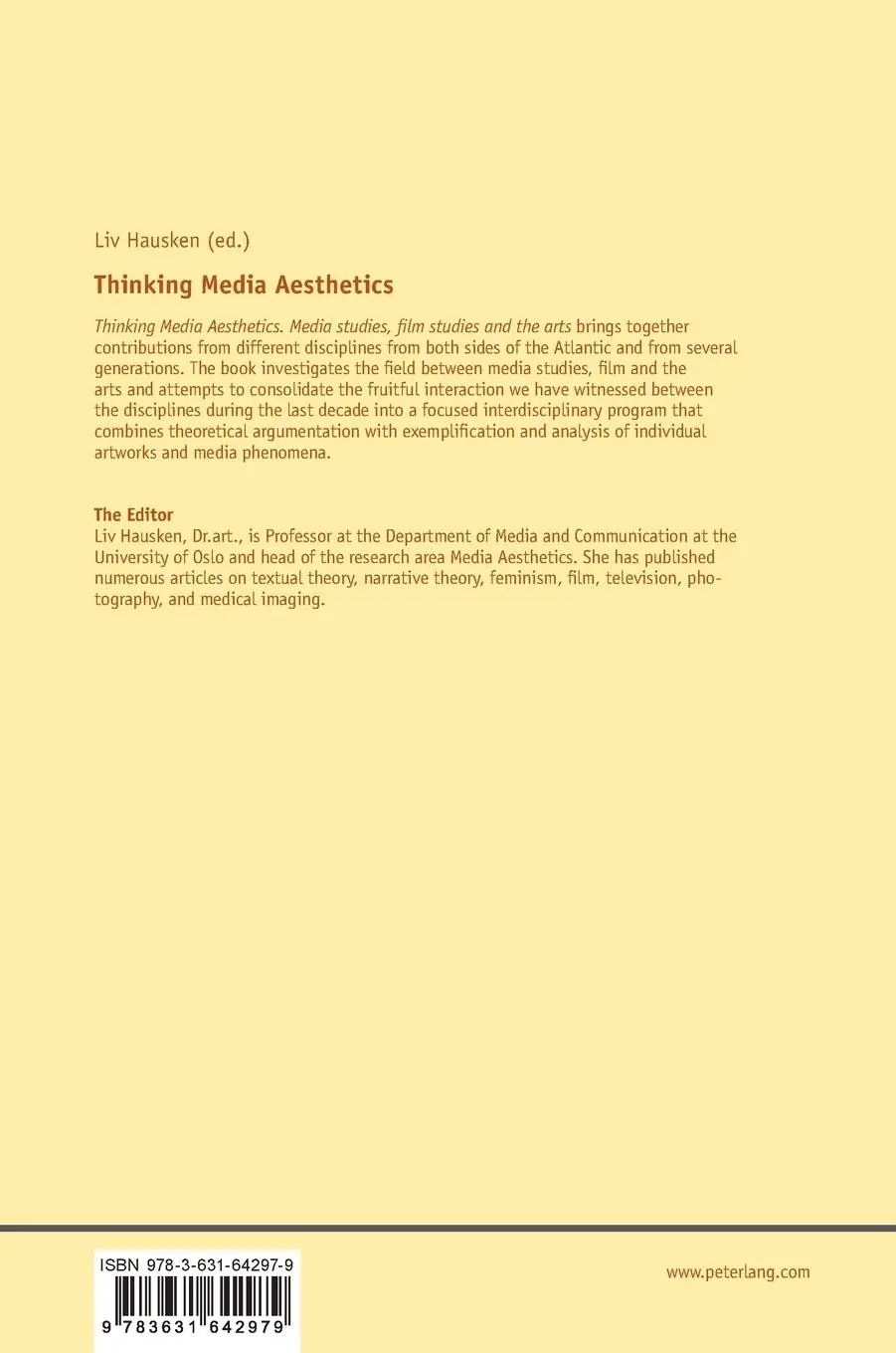 Rückseite: 9783631642979 | Thinking Media Aesthetics | Media Studies, Film Studies and the Arts