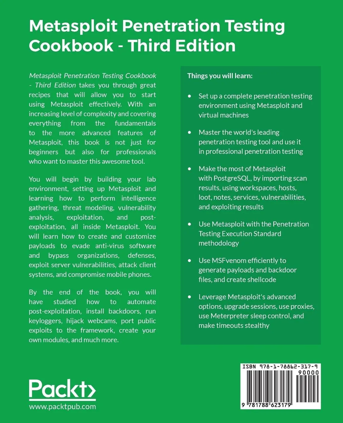 Rückseite: 9781788623179 | Metasploit Penetration Testing Cookbook - Third Edition | Taschenbuch
