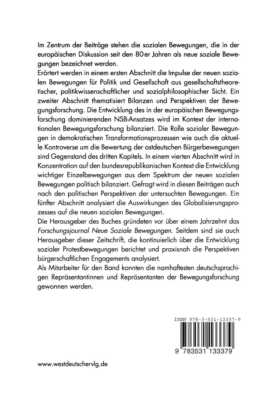 Rückseite: 9783531133379 | Neue soziale Bewegungen | Impulse, Bilanzen und Perspektiven | Buch