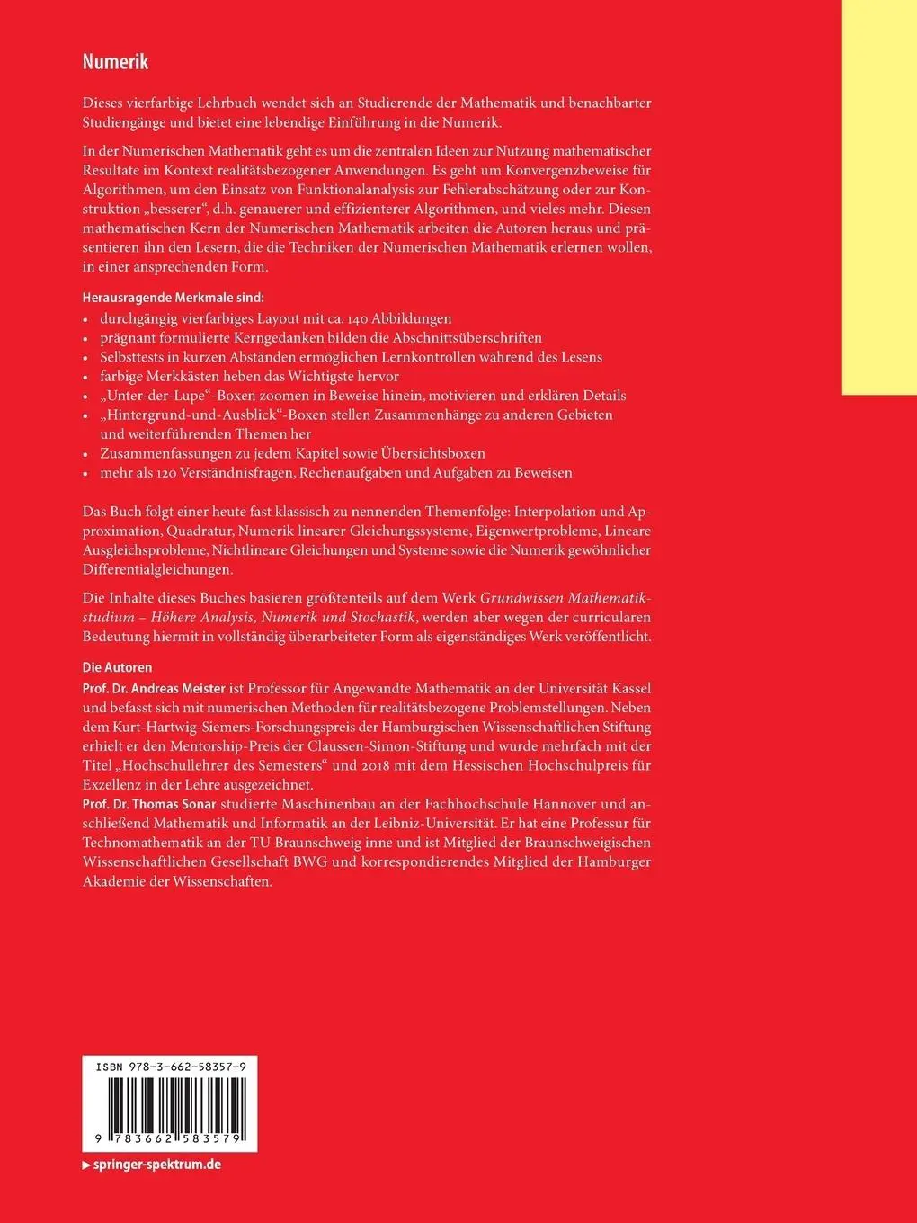 Rückseite: 9783662583579 | Numerik | Thomas Sonar (u. a.) | Taschenbuch | xi | Deutsch | 2019