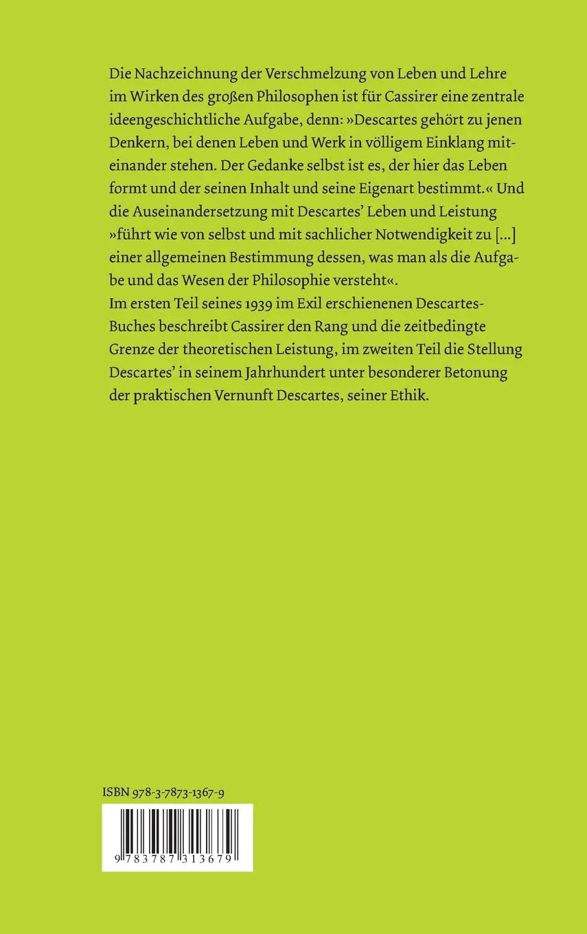 Rückseite: 9783787313679 | René Descartes | Lehre - Persönlichkeit - Wirkung | Ernst Cassirer
