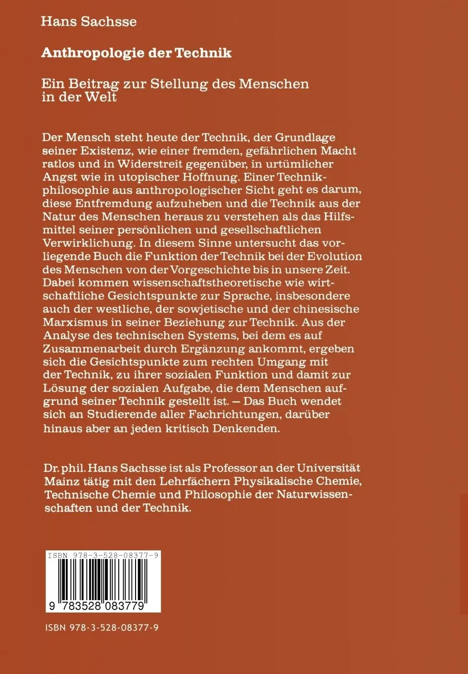 Rückseite: 9783528083779 | Anthropologie der Technik | Hans Sachsse | Taschenbuch | 291 S. | 1978