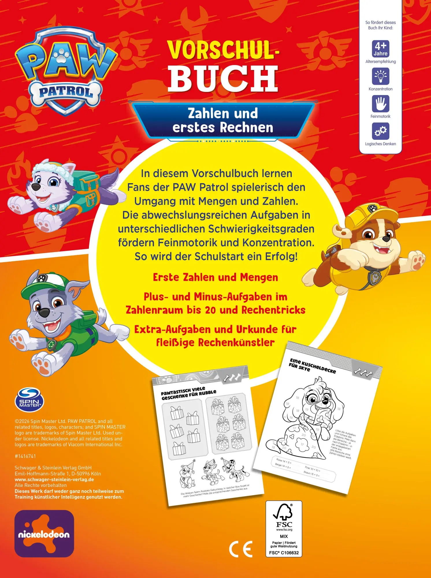 Rückseite: 9783849954079 | PAW Patrol Vorschulbuch Zahlen und erstes Rechnen | Taschenbuch | 2027