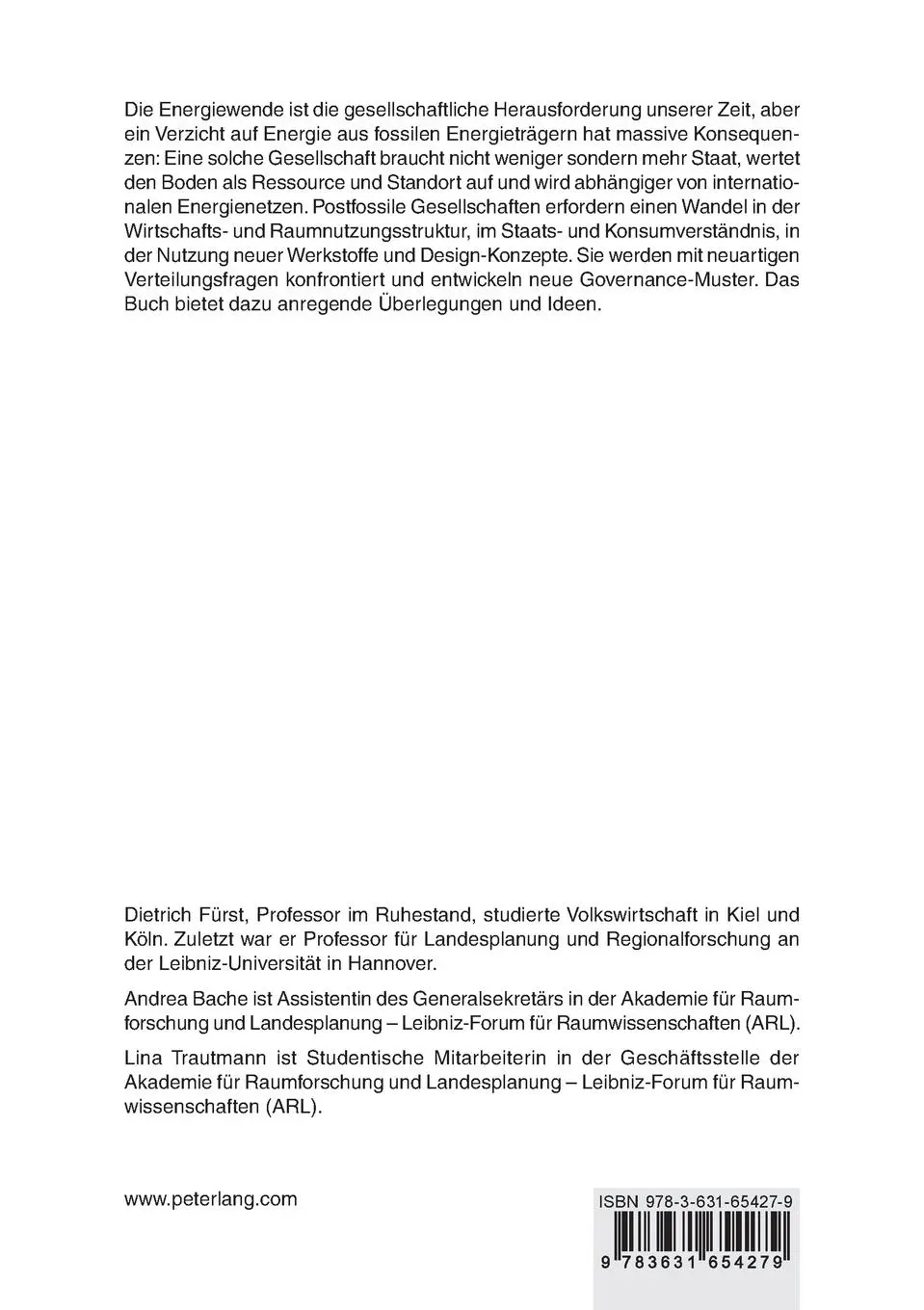 Rückseite: 9783631654279 | Postfossile Gesellschaft | Dietrich Fürst (u. a.) | Taschenbuch | 2014