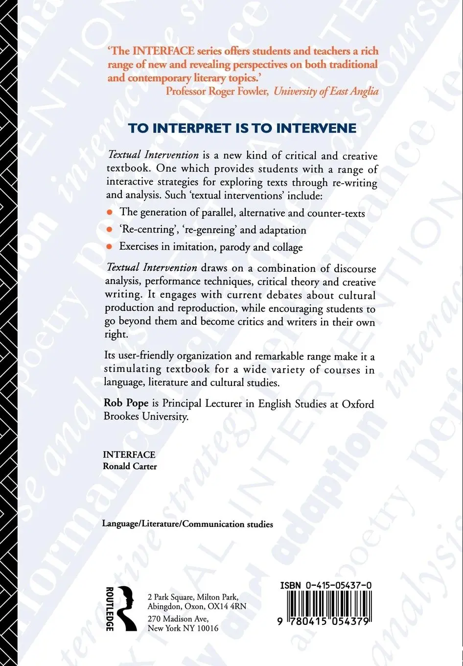 Rückseite: 9780415054379 | Textual Intervention | Rob Pope | Taschenbuch | Englisch | 1994