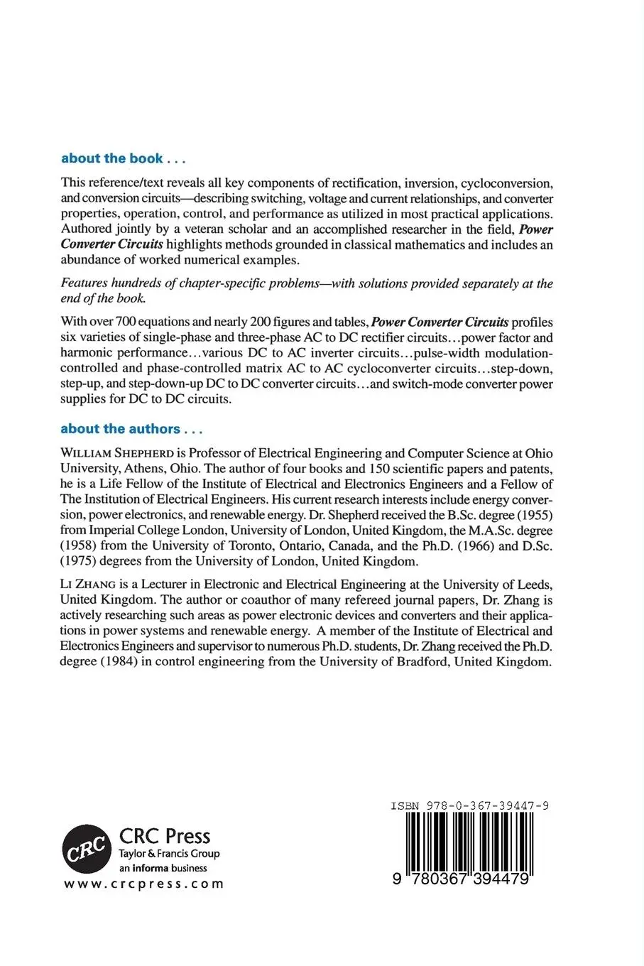 Rückseite: 9780367394479 | Power Converter Circuits | William Shepherd (u. a.) | Taschenbuch Rückseite: 9780367394479 | Power Converter Circuits | William Shepherd (u. a.) | Taschenbuch