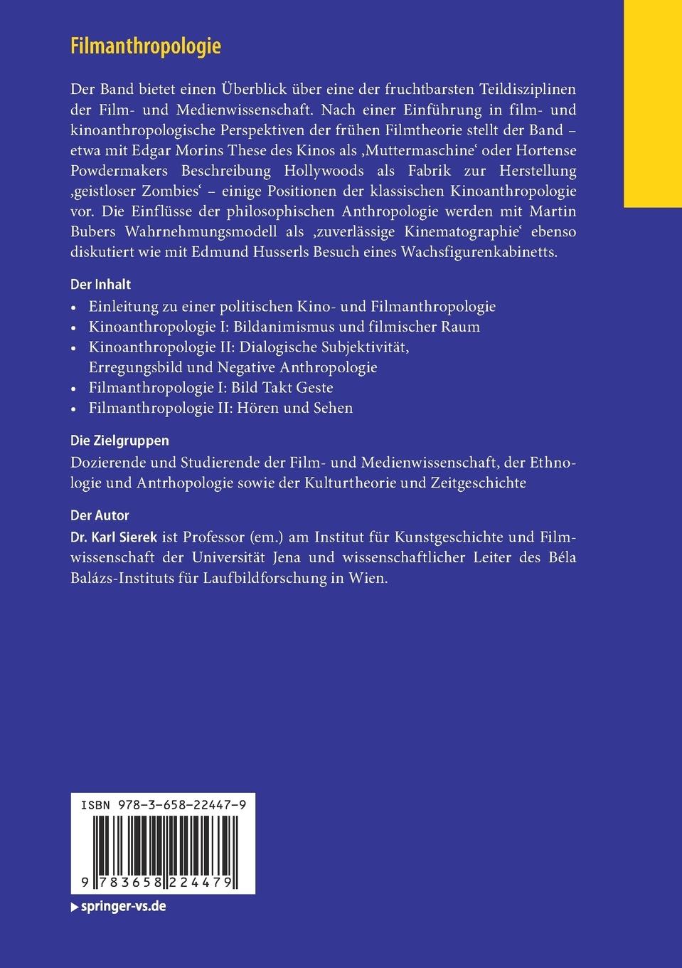 Rückseite: 9783658224479 | Filmanthropologie | Karl Sierek | Taschenbuch | x | Deutsch | 2018
