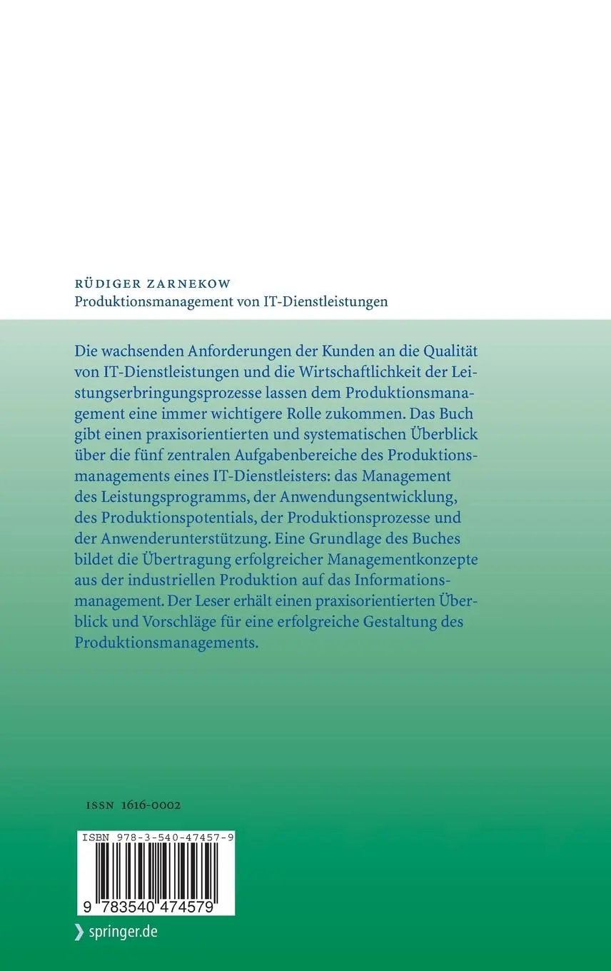 Rückseite: 9783540474579 | Produktionsmanagement von IT-Dienstleistungen | Rüdiger Zarnekow | xi