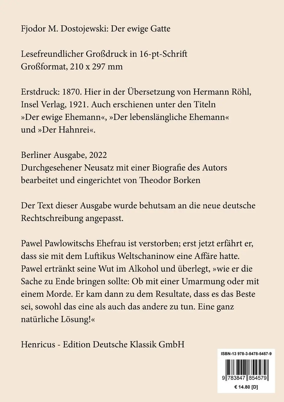 Rückseite: 9783847854579 | Der ewige Gatte (Großdruck) | Fjodor M. Dostojewski | Taschenbuch