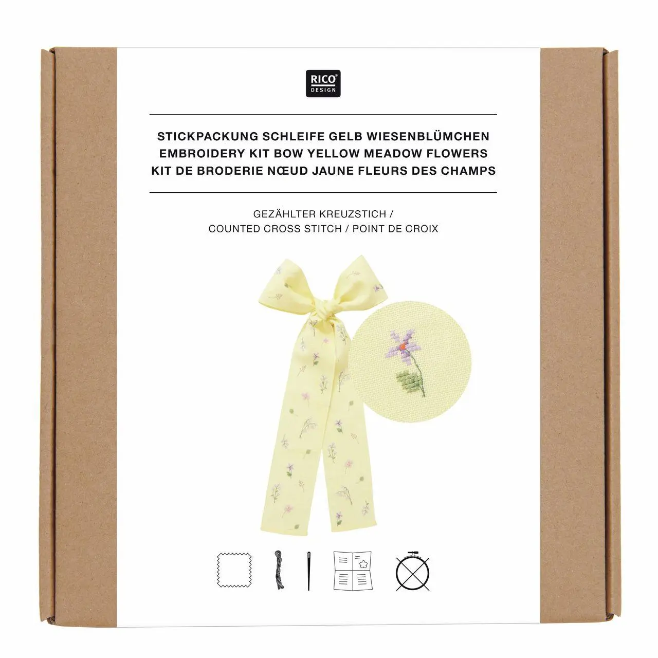Stickpackung, Gezählter Kreuzstich Schleife Wiesenblümchen, Hellgelb, 30 x 54 cm, 100% Leinen