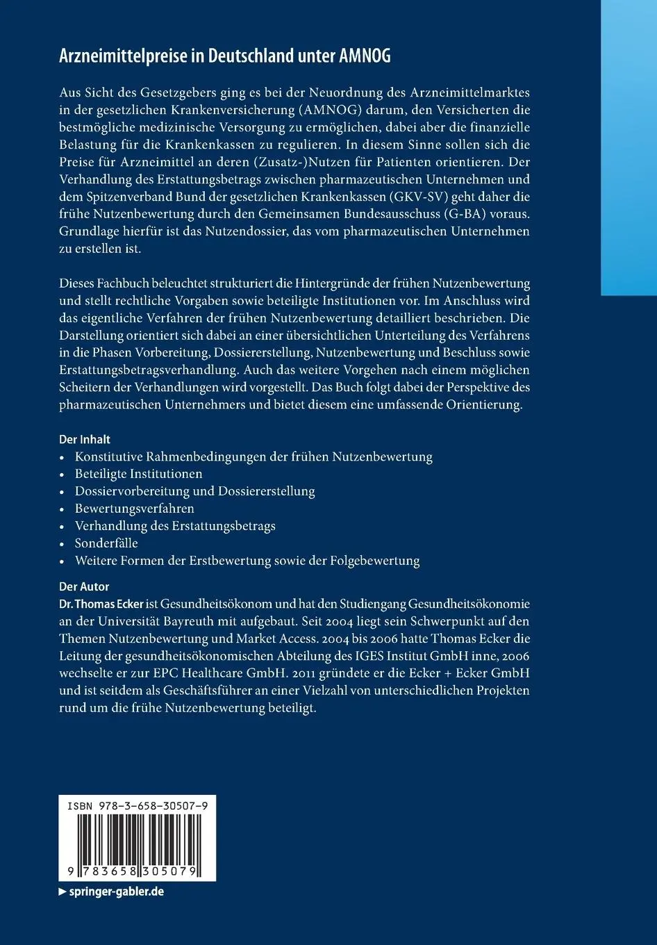 Rückseite: 9783658305079 | Arzneimittelpreise in Deutschland unter AMNOG | Thomas Ecker | Buch