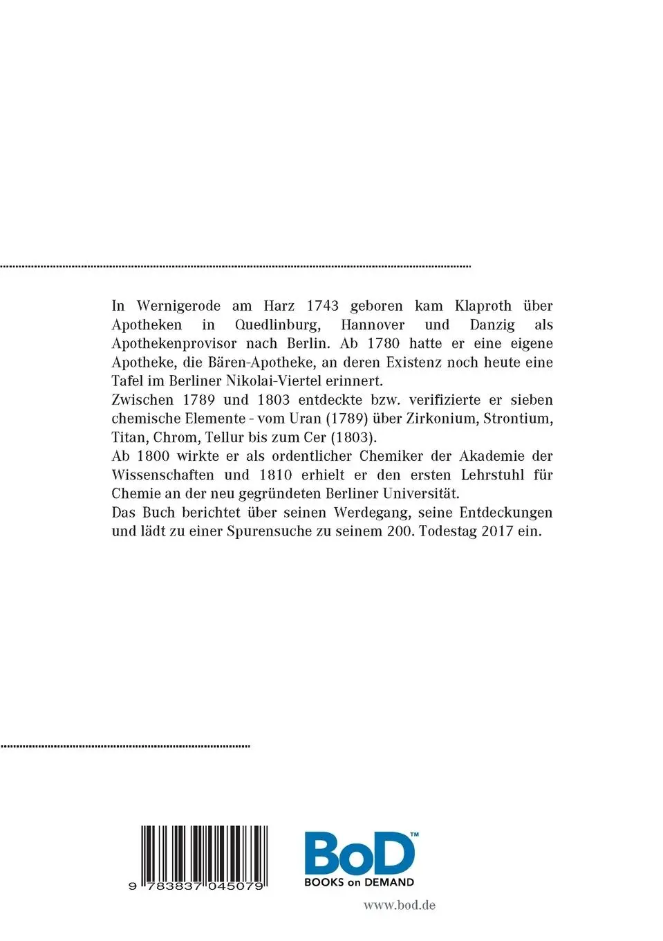 Rückseite: 9783837045079 | Vom Harz nach Berlin Martin Heinrich Klaproth | Georg Schwedt | Buch