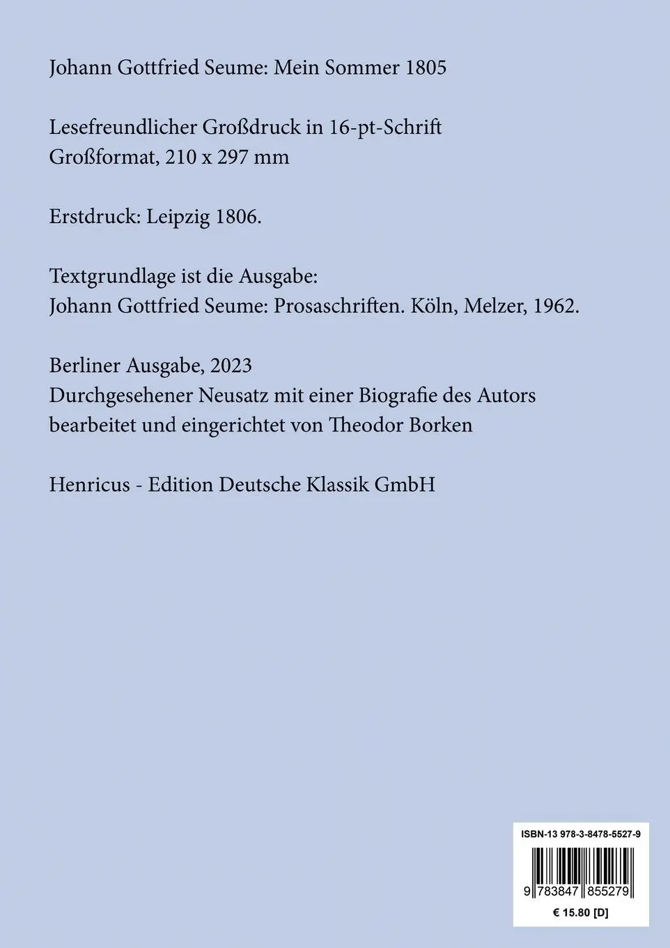 Rückseite: 9783847855279 | Mein Sommer 1805 (Großdruck) | Johann Gottfried Seume | Taschenbuch