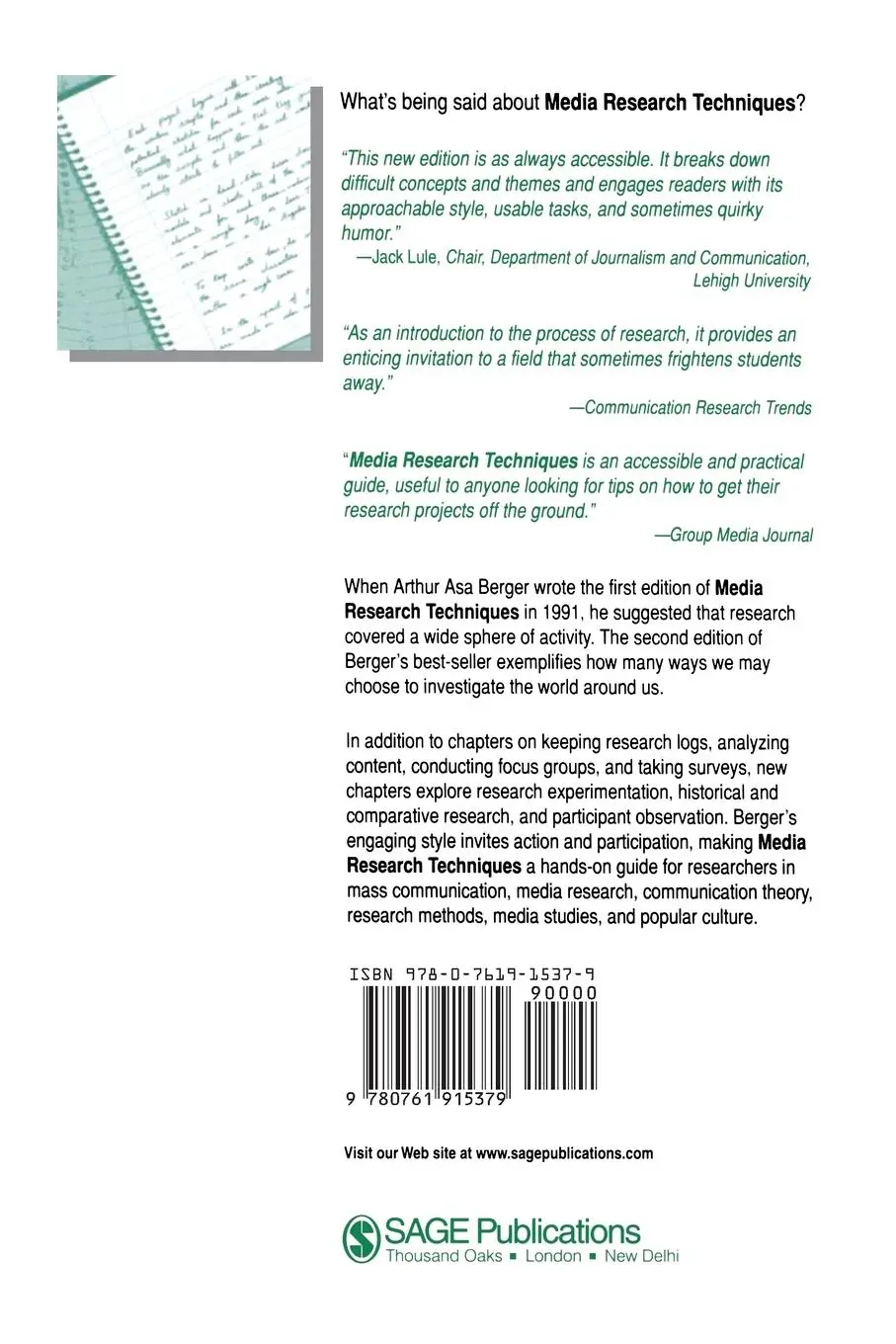 Rückseite: 9780761915379 | Media Research Techniques | Arthur Asa Berger | Taschenbuch | Englisch