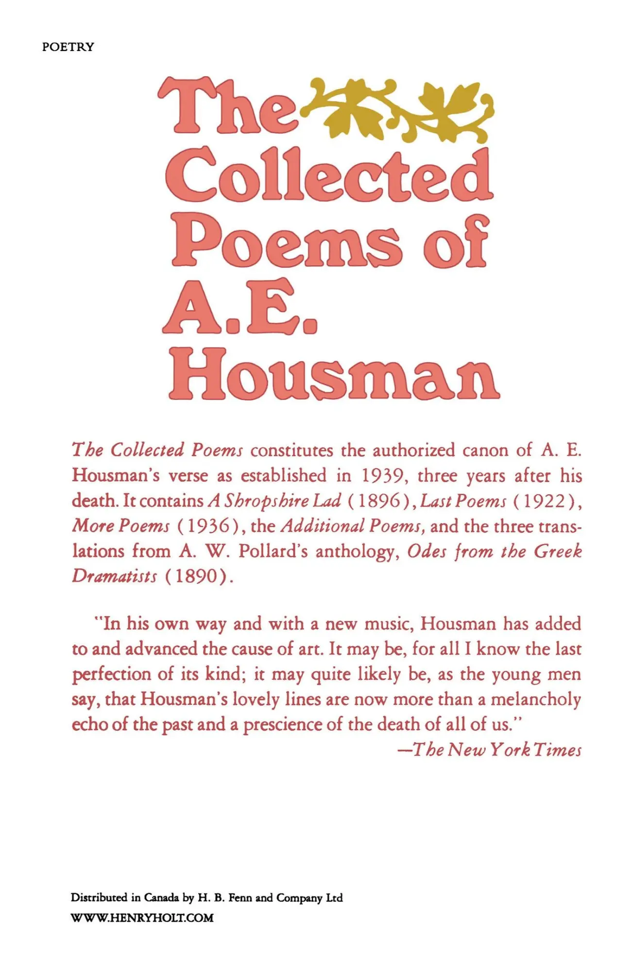 Rückseite: 9780805005479 | The Collected Poems of A. E. Housman | A. E. Housman | Taschenbuch
