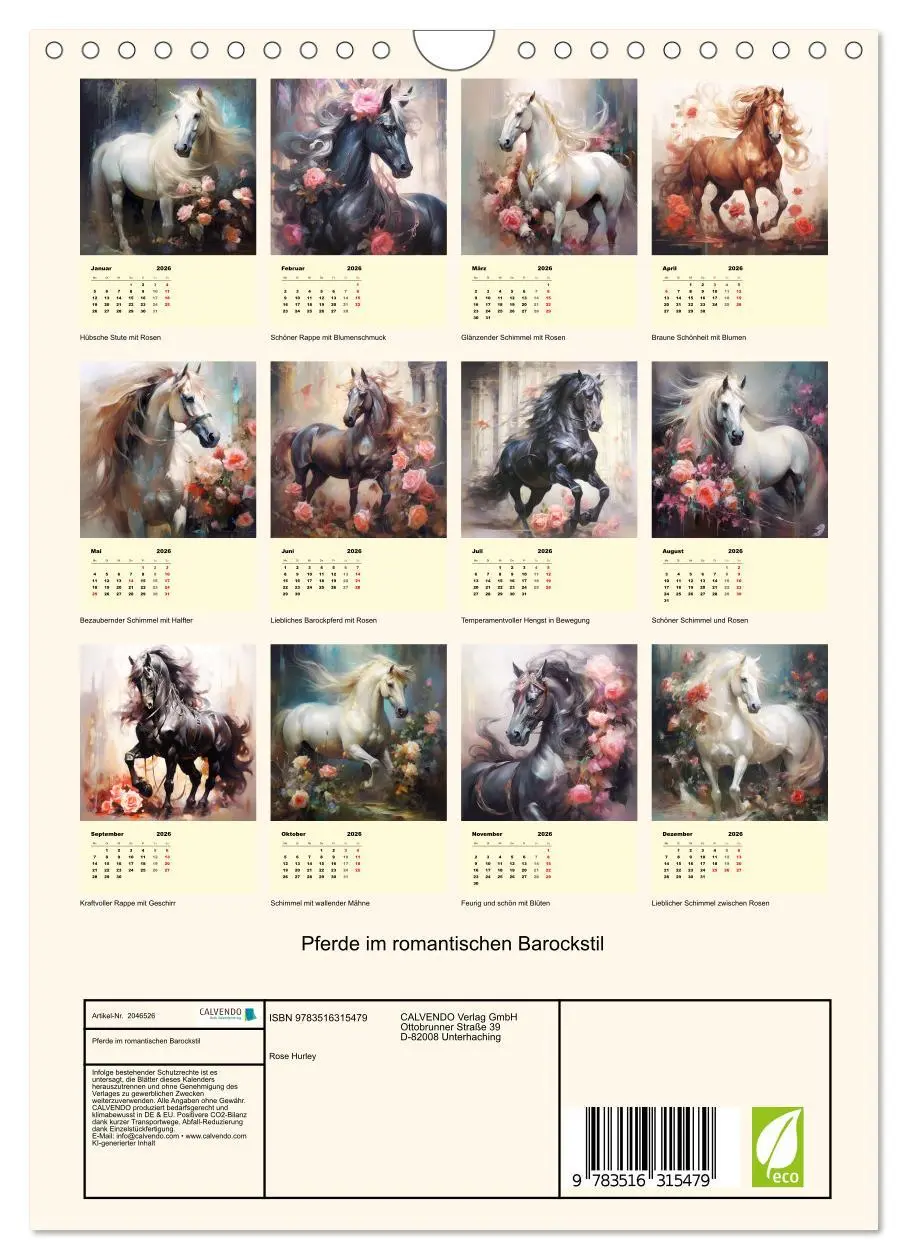Bild: 9783516315479 | Pferde im romantischen Barockstil (Wandkalender 2026 DIN A4 hoch),...