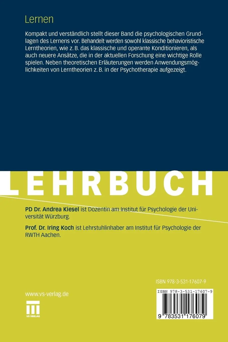 Rückseite: 9783531176079 | Lernen | Grundlagen der Lernpsychologie | Iring Koch (u. a.) | Buch