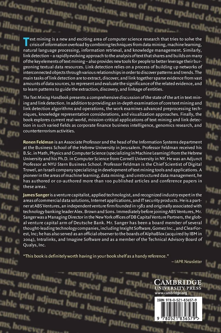Rückseite: 9780521836579 | The Text Mining Handbook | Ronen Feldman (u. a.) | Buch | Englisch