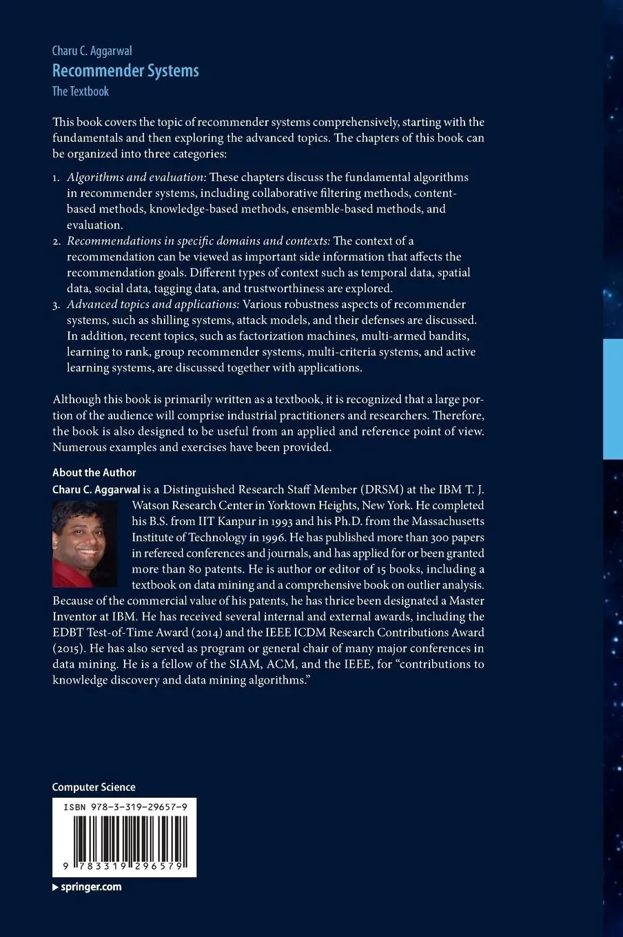 Rückseite: 9783319296579 | Recommender Systems | The Textbook | Charu C. Aggarwal | Buch | xxi