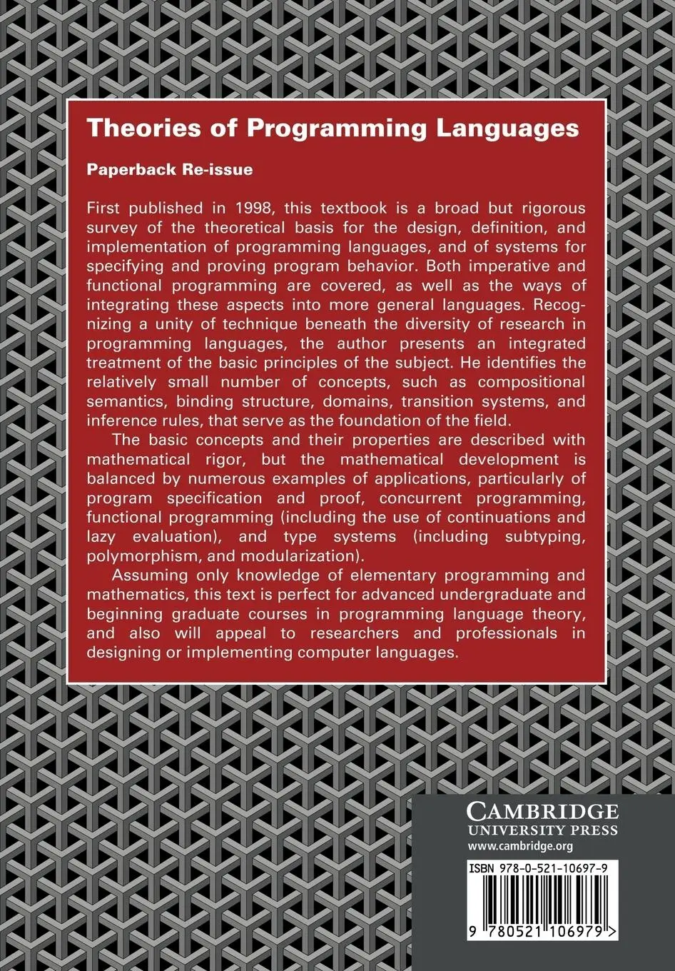 Rückseite: 9780521106979 | Theories of Programming Languages | John C. Reynolds (u. a.) | Buch