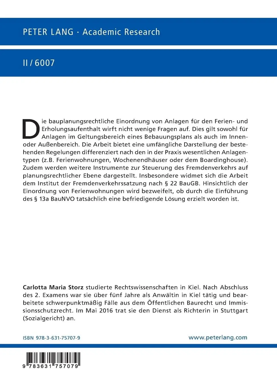 Rückseite: 9783631757079 | Anlagen für Ferien- und Erholungsaufenthalte im Blickfeld des...