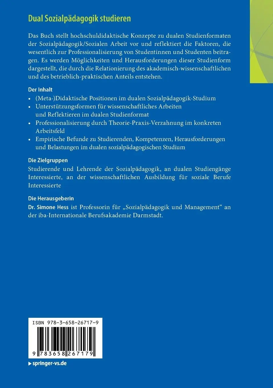 Rückseite: 9783658267179 | Dual Sozialpädagogik studieren | Simone Hess | Taschenbuch | xiv
