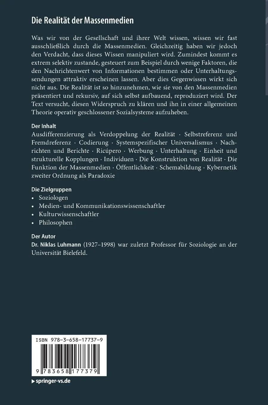Rückseite: 9783658177379 | Die Realität der Massenmedien | Niklas Luhmann | Buch | VII | Deutsch