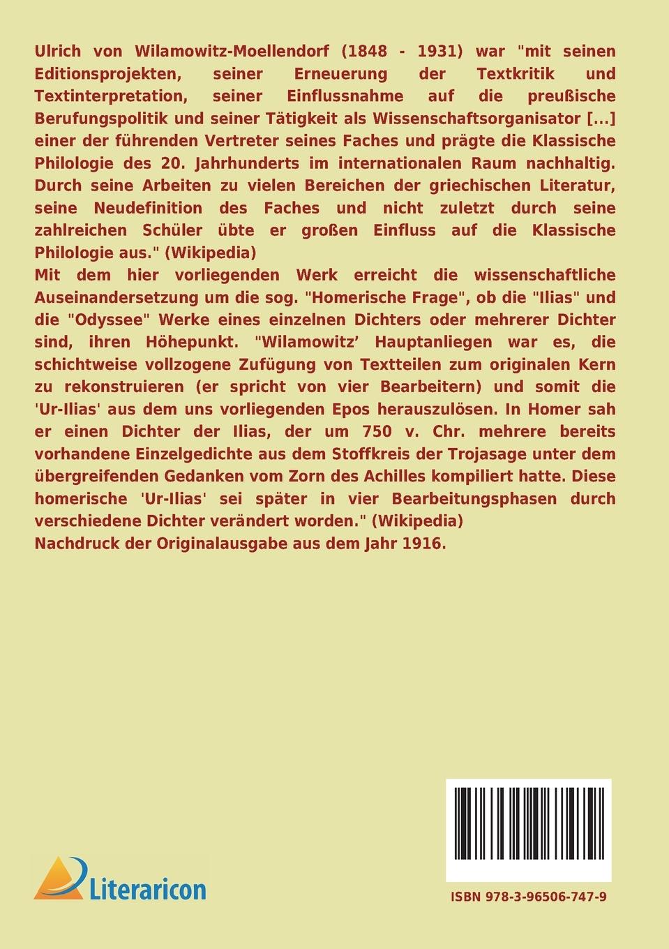 Rückseite: 9783965067479 | Die Ilias und Homer | Ulrich Von Wilamowitz-Moellendorff | Taschenbuch