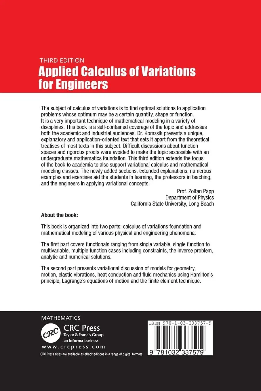 Rückseite: 9781032337579 | Applied Calculus of Variations for Engineers, Third edition | Komzsik
