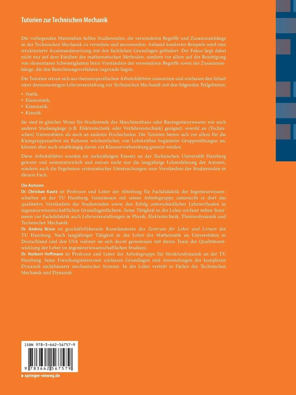 Rückseite: 9783662567579 | Tutorien zur Technischen Mechanik | Christian Kautz (u. a.) | Buch | x