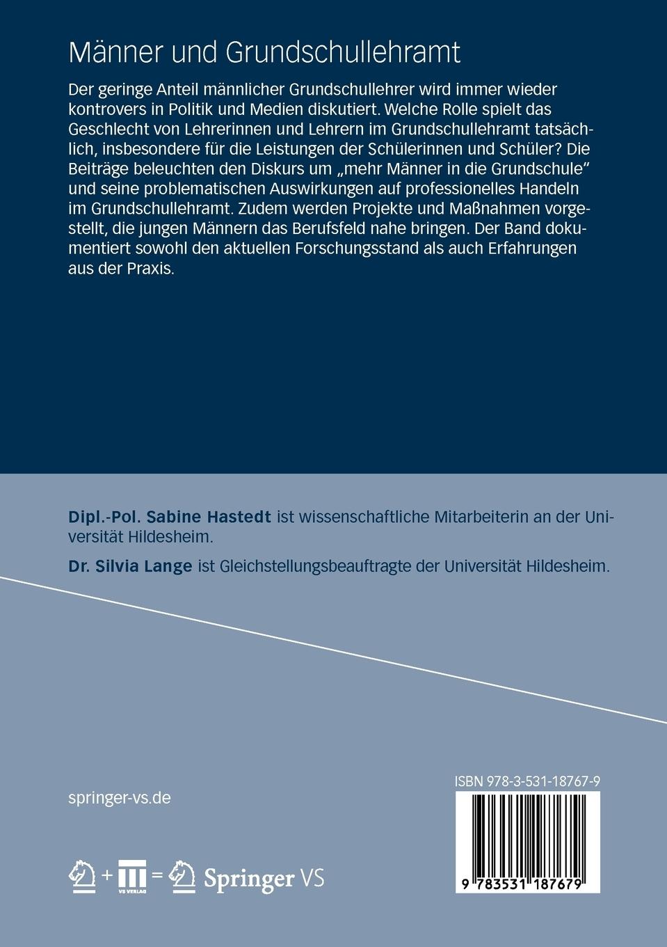 Rückseite: 9783531187679 | Männer und Grundschullehramt | Diskurse, Erkenntnisse, Perspektiven